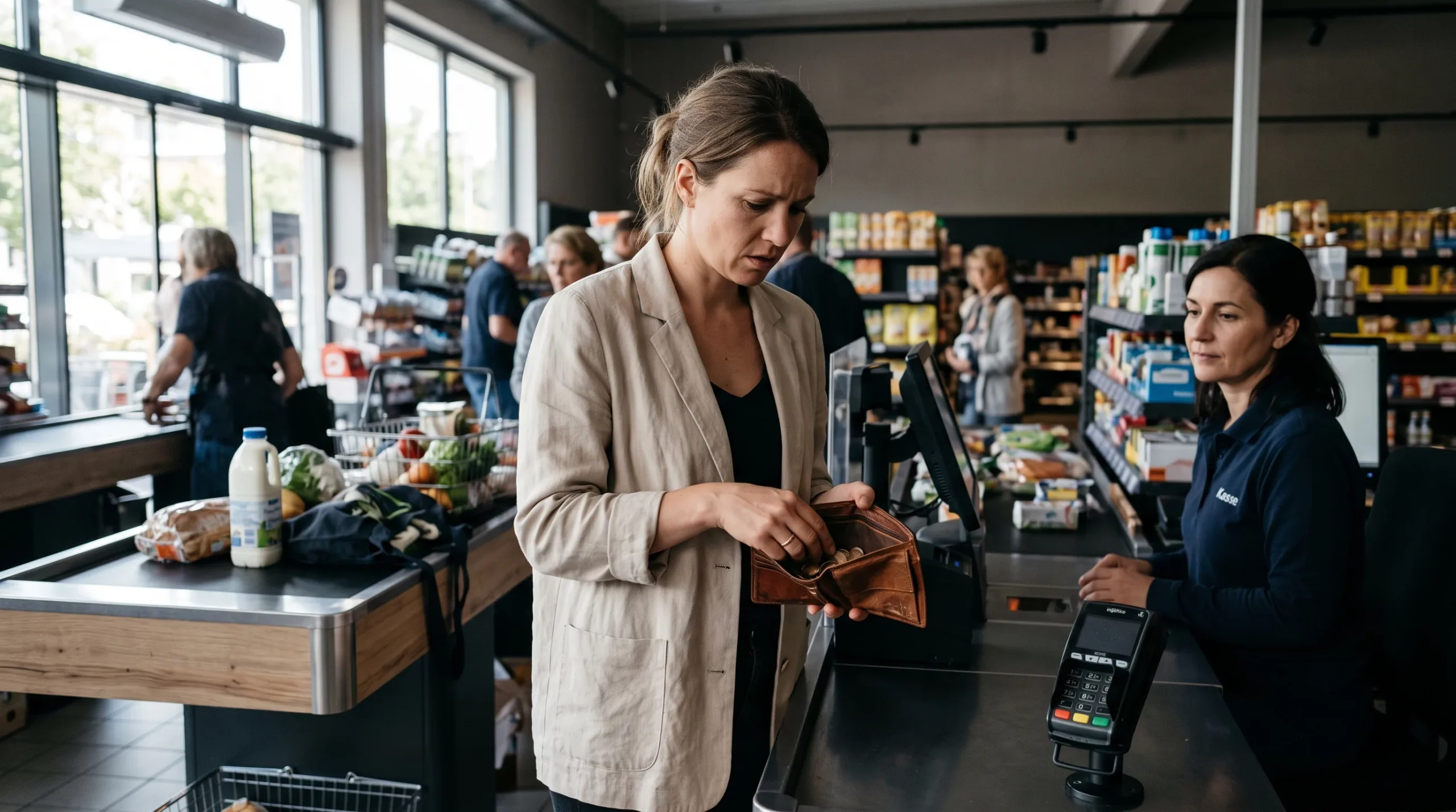 Frau sucht an einer Supermarktkasse nach Bargeld für den Notfall