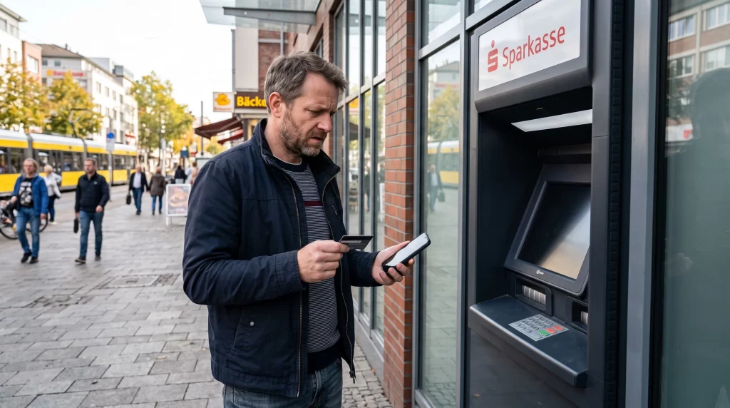 Mann steht mit Bankkarte und Smartphone vor einem ausgefallenen Geldautomaten und benötigt Bargeld für den Notfall
