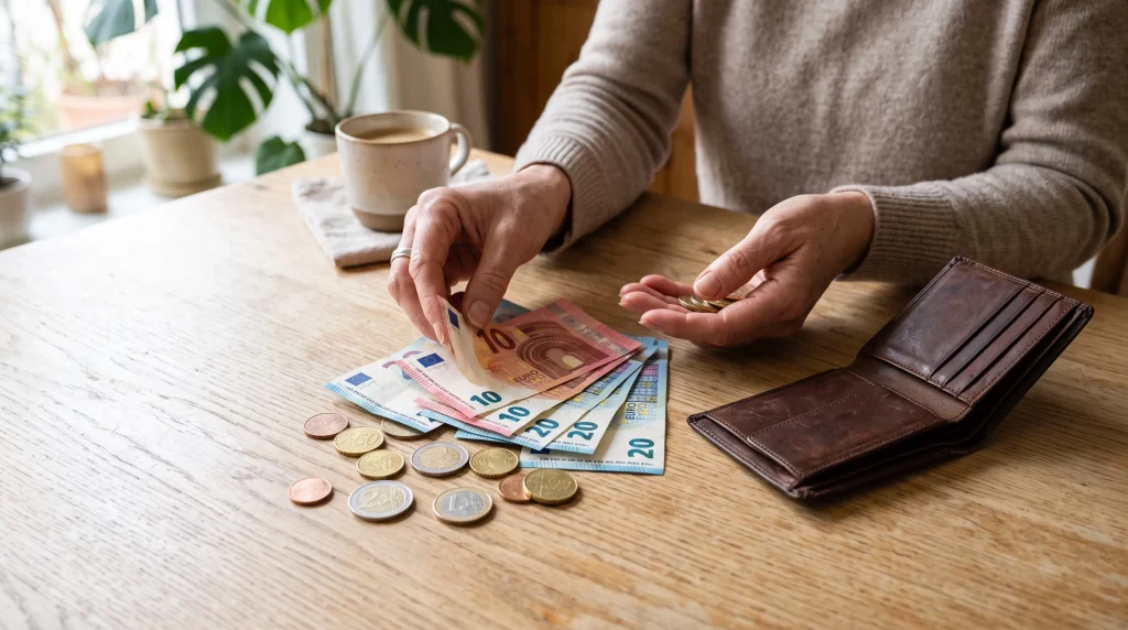 Hände sortieren kleine Scheine und Münzen als Bargeld für den Notfall