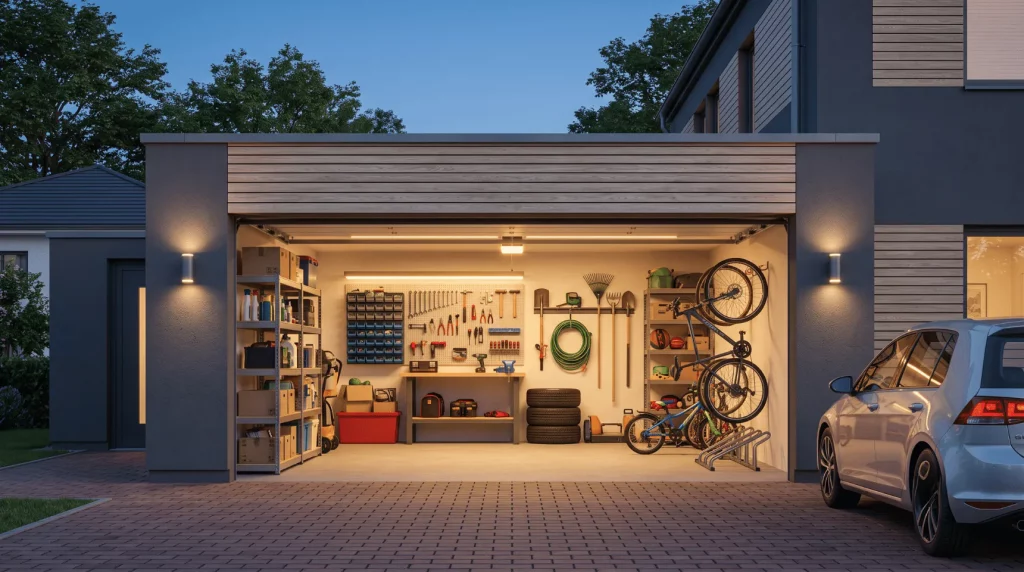 Offene Garage mit Fahrrädern und Werkzeugen als mögliche Schwachstelle beim Einbruchschutz | Alltagssicherheit