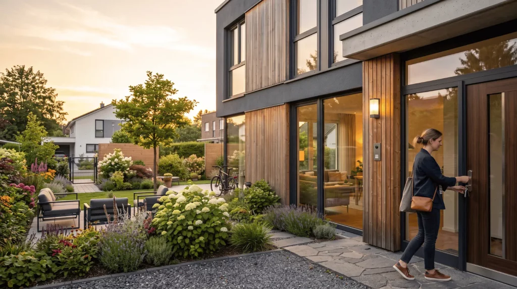 Person schließt die Haustür eines modernen Einfamilienhauses als Teil eines guten Einbruchschutzes | Alltagssicherheit