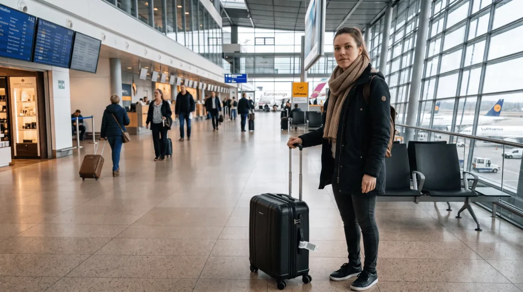 Reisende mit Koffer am Flughafen als Hinweis auf den bewussten Umgang mit Urlaubsfotos in sozialen Medien | Alltagssicherheit
