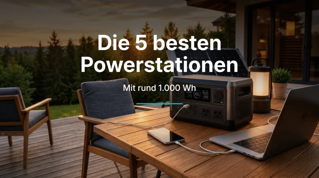 Beitragsbild mit Powerstation auf einer Terrasse für den Vergleich der 5 besten Powerstationen um 1.000 Wh | Alltagssicherheit