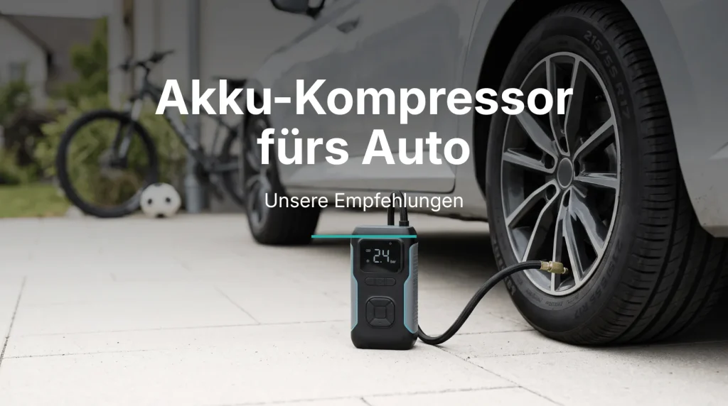 Akku-Kompressor fürs Auto beim Aufpumpen eines Autoreifens