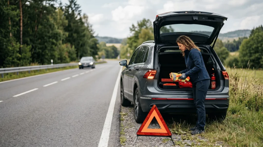 Frau holt bei einer Panne eine Warnweste aus dem Auto, w&auml;hrend ein Warndreieck hinter dem Fahrzeug steht