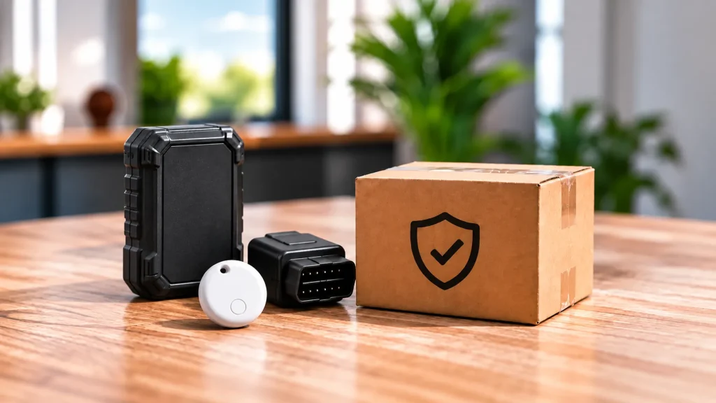 GPS-Tracker, OBD-Tracker und weißer Ortungs-Tag neben einer Kartonbox mit Schutzsymbol auf einem Holztisch