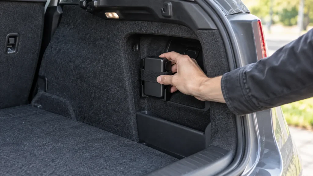 Eine Hand befestigt einen schwarzen GPS-Tracker mit einem Halteband im seitlichen Kofferraumfach eines Autos.
