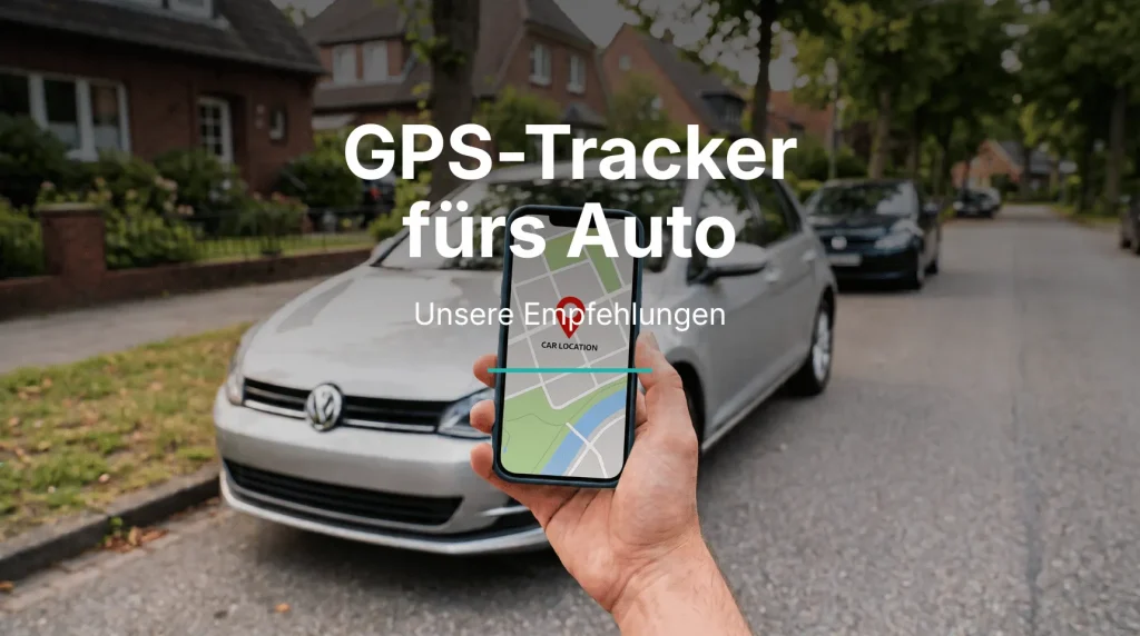 GPS-Tracker fürs Auto: Smartphone mit Standortkarte vor einem geparkten Auto, darüber „Unsere Empfehlungen“