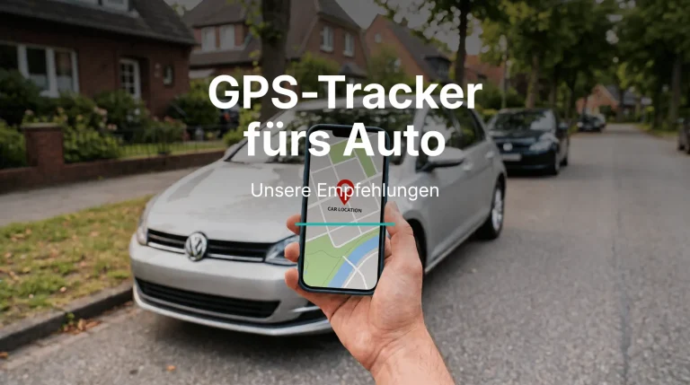 GPS-Tracker fürs Auto: Smartphone mit Standortkarte vor einem geparkten Auto, darüber „Unsere Empfehlungen“