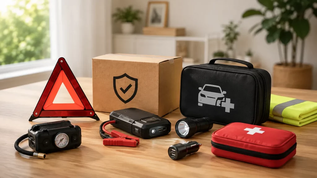 Sicherheitsausr&uuml;stung f&uuml;r das Auto mit Warndreieck, Starthilfe, Kompressor, Taschenlampe und Erste-Hilfe-Set