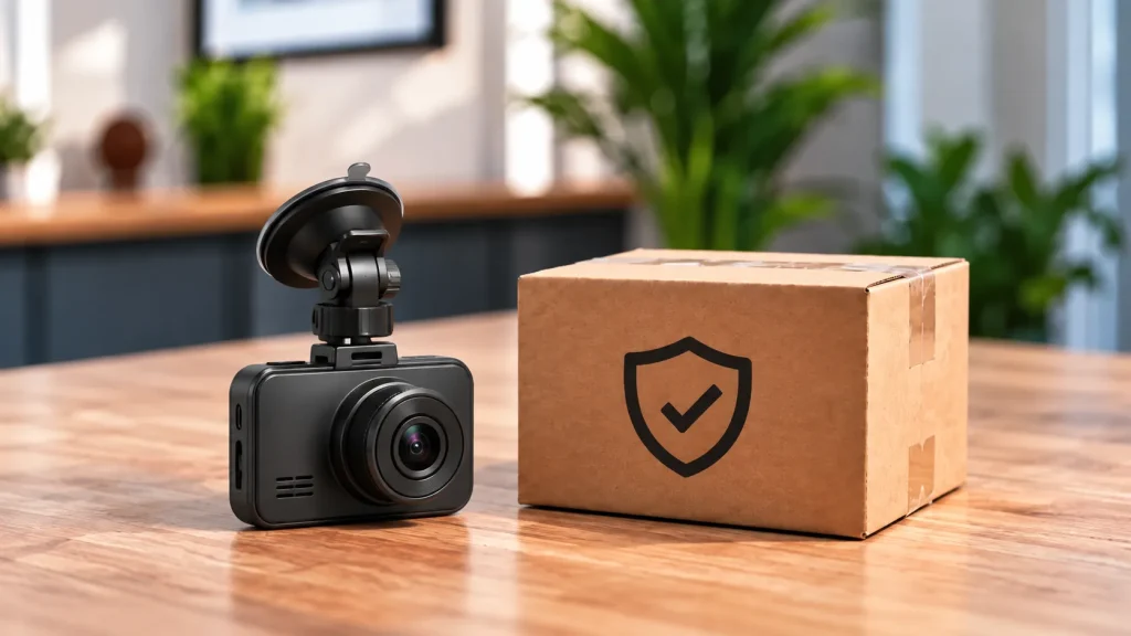Dashcam fürs Auto mit Saugnapfhalterung neben einem Paket mit Schutzschild-Symbol