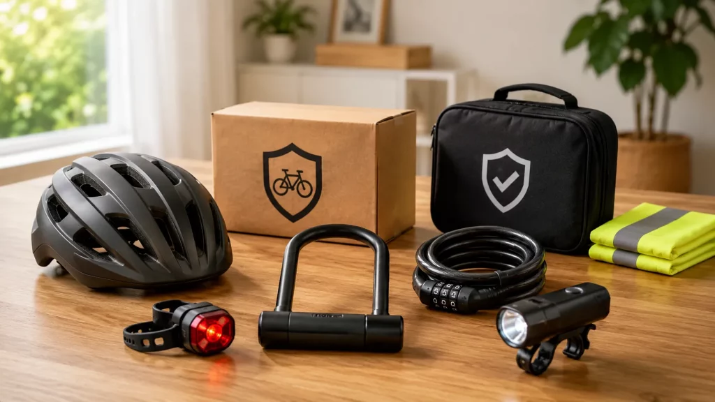 Fahrradhelm, Fahrradschlösser, Beleuchtung und Sicherheitsausrüstung für das Fahrrad
