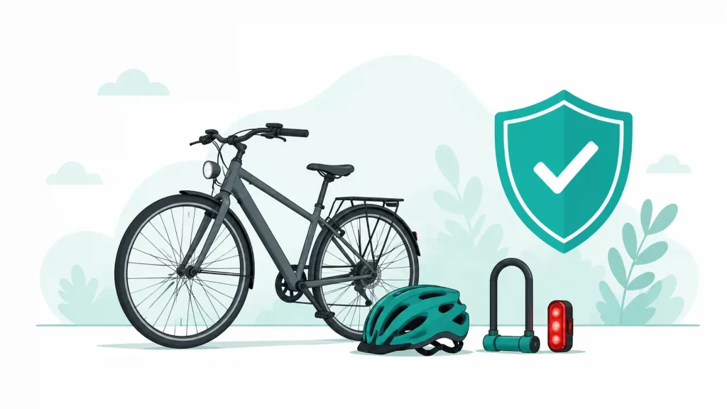 Illustration eines Fahrrads mit Fahrradhelm, Bügelschloss und Rücklicht für mehr Sicherheit unterwegs