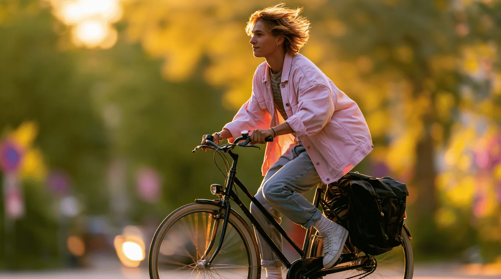 Junge Frau f&auml;hrt bei warmem Abendlicht mit einem Fahrrad durch die Stadt