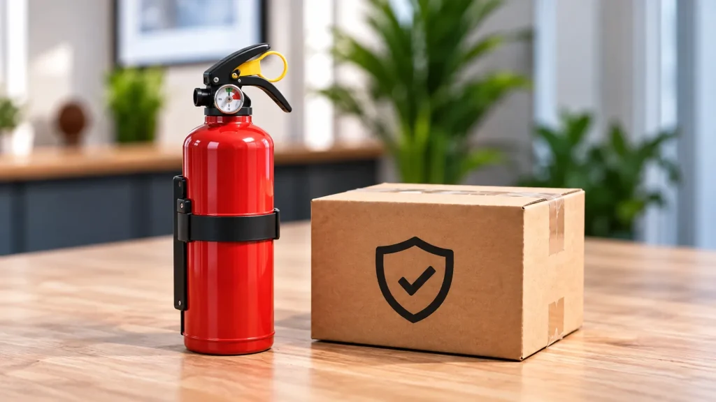 Kompakter Feuerlöscher fürs Auto neben einem Paket