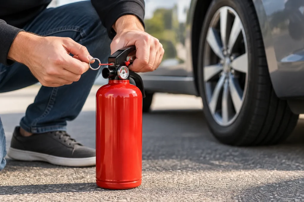 Feuerlöscher fürs Auto bedienen und Sicherungsstift ziehen