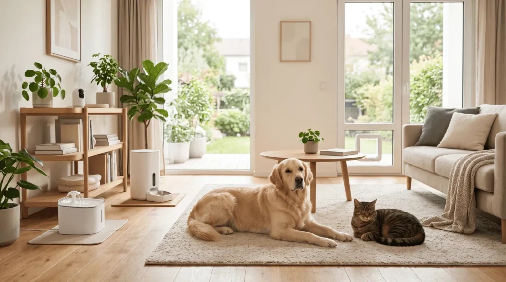 Hund und Katze in einem Wohnzimmer mit Futterautomat, Trinkbrunnen, Haustierkamera und smarter Katzenklappe