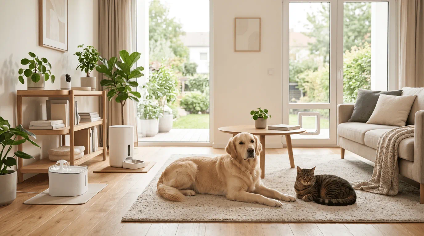 Hund und Katze in einem Wohnzimmer mit Futterautomat, Trinkbrunnen, Haustierkamera und smarter Katzenklappe