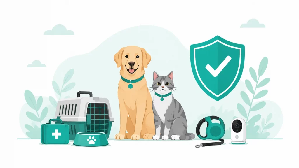 Hund und Katze mit Transportbox, Erste-Hilfe-Set, Futternapf und Sicherheitszubeh&ouml;r