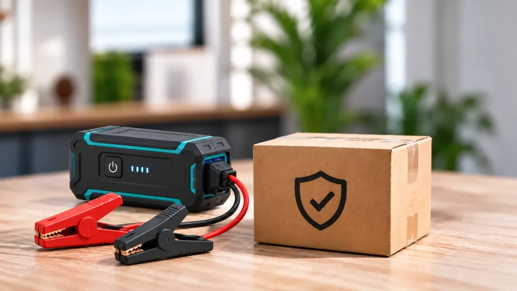 Starthilfe-Powerbank mit roten und schwarzen Polklemmen neben einem Karton