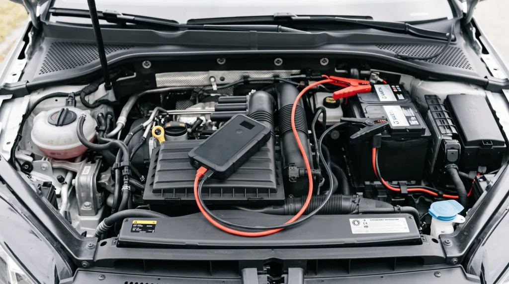 Starthilfe-Powerbank mit Polklemmen im geöffneten Motorraum eines Autos