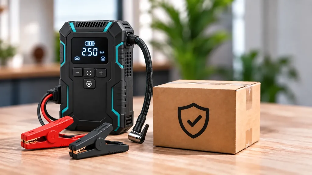 Starthilfe-Powerbank mit Kompressor, Luftschlauch und Batterieklemmen