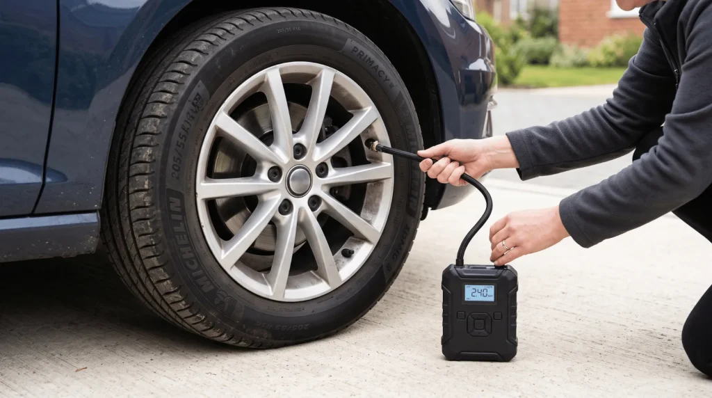 Mann verbindet einen mobilen Kompressor mit dem Reifenventil eines Autos