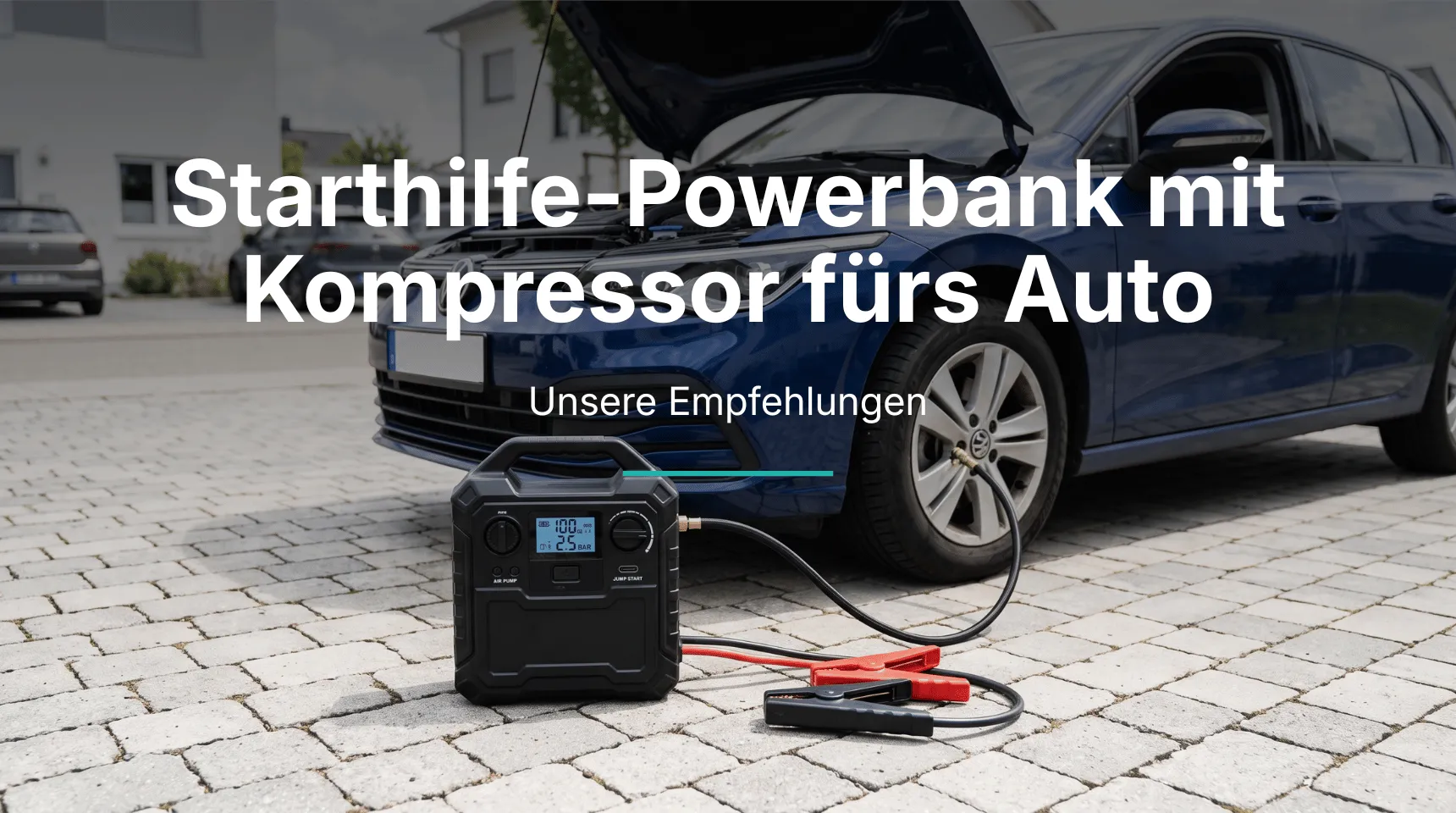 Starthilfe-Powerbank mit Kompressor vor einem Auto