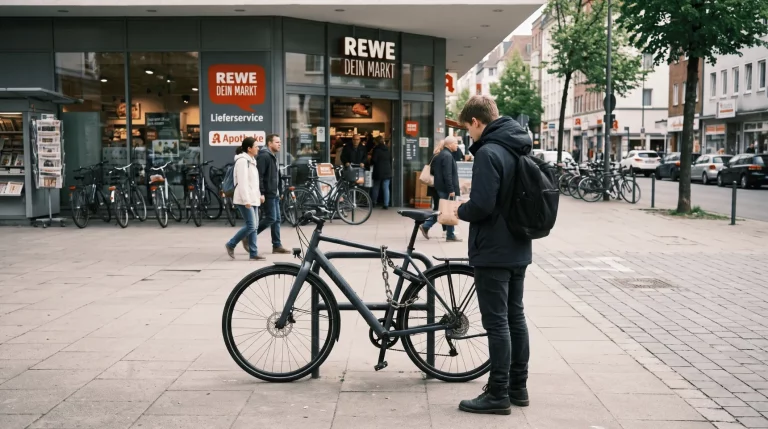 Fahrrad vor Diebstahl schützen: Abgeschlossenes Fahrrad vor einem Supermarkt in der Innenstadt