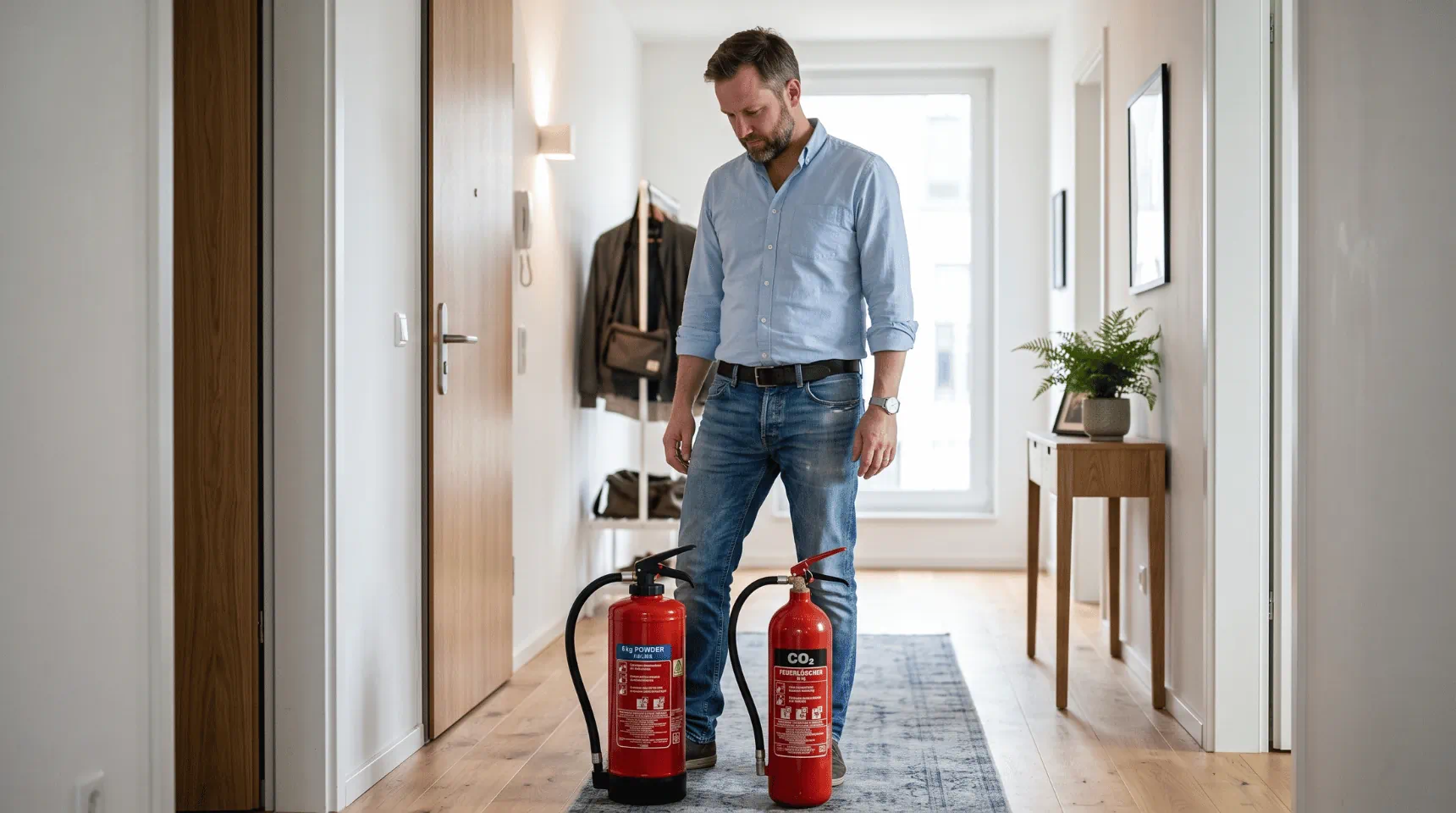 Mann vergleicht zwei Feuerlöscher für zu Hause in einem Wohnungsflur.