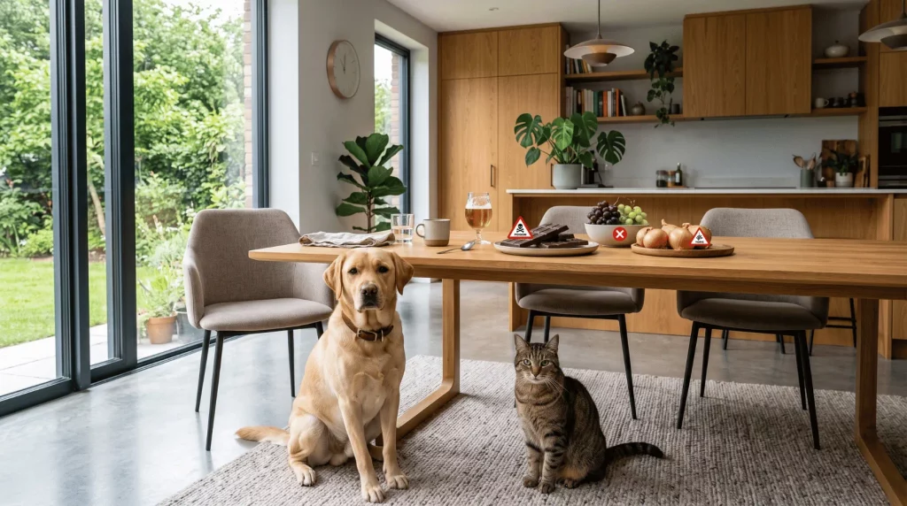 Hund und Katze sitzen vor einem Tisch mit verschiedenen Lebensmitteln, die für Haustiere gefährlich sein können.
