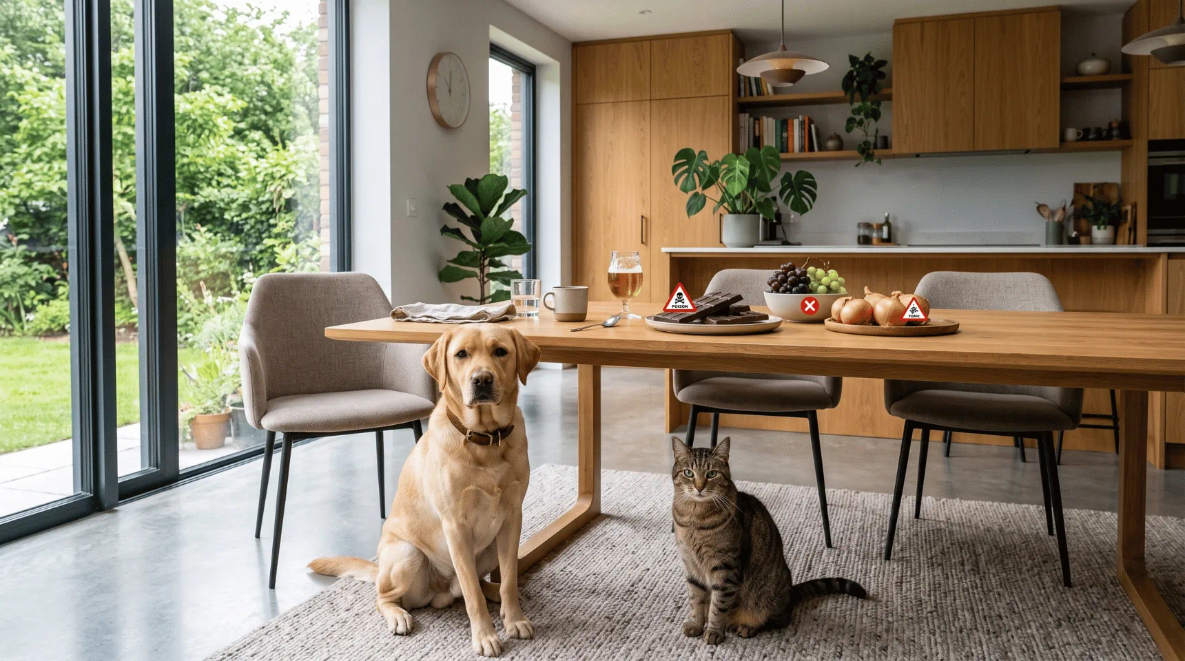 Hund und Katze sitzen vor einem Tisch mit verschiedenen Lebensmitteln, die für Haustiere gefährlich sein können.
