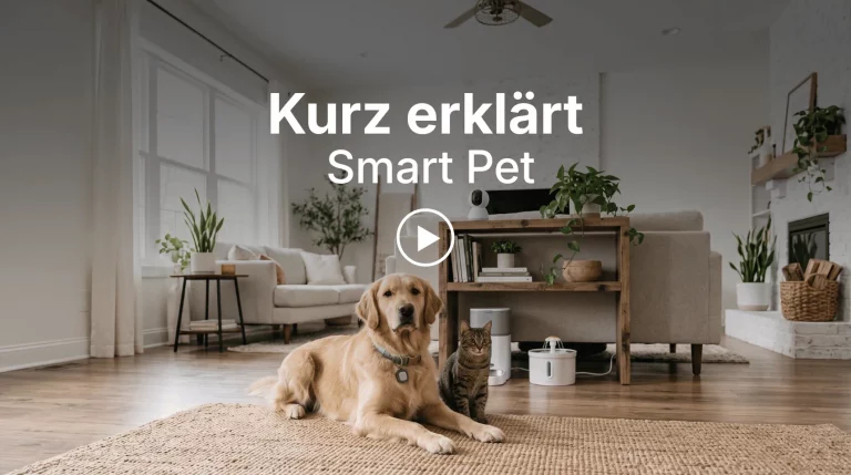 Titelbild „Kurz erklärt: Smart Pet“ mit Hund, Katze und smarten Haustierprodukten im Wohnzimmer