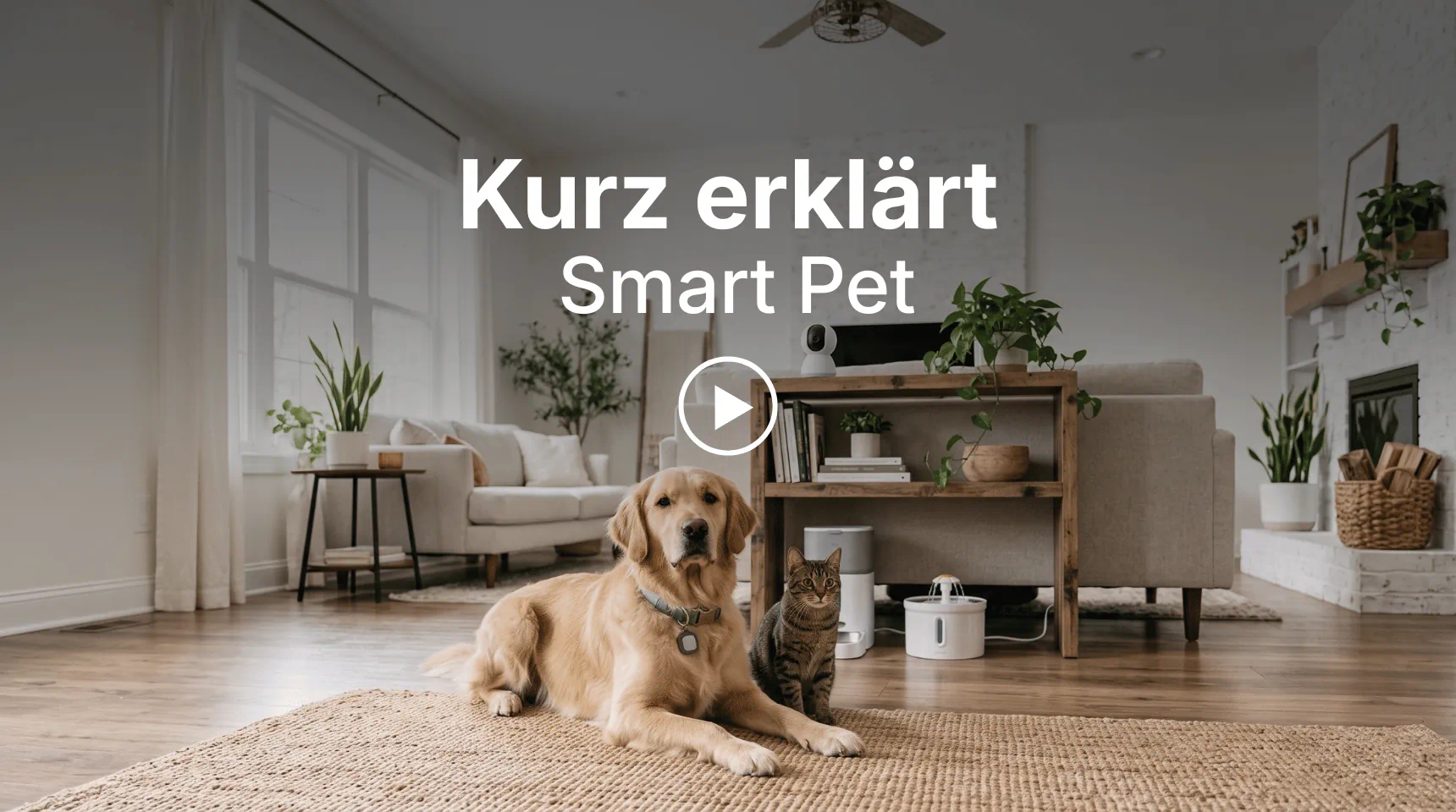 Titelbild „Kurz erklärt: Smart Pet“ mit Hund, Katze und smarten Haustierprodukten im Wohnzimmer
