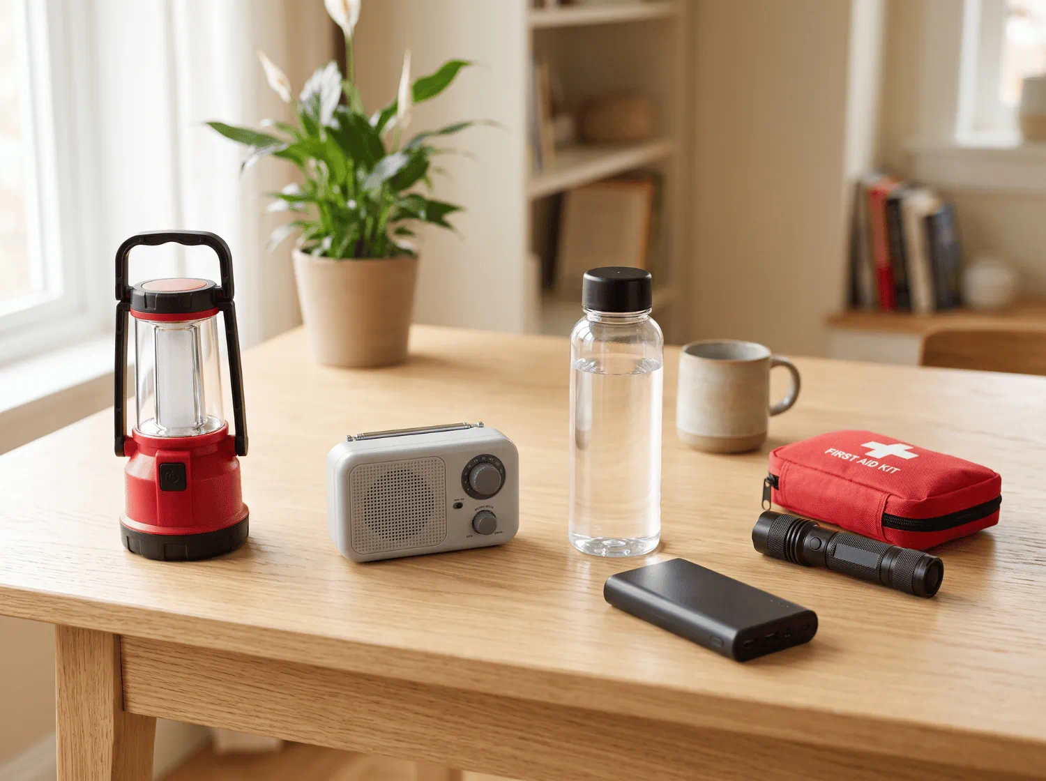 Notfallausr&uuml;stung f&uuml;r zu Hause mit LED-Laterne, Radio, Trinkwasser, Powerbank, Taschenlampe und Erste-Hilfe-Set.