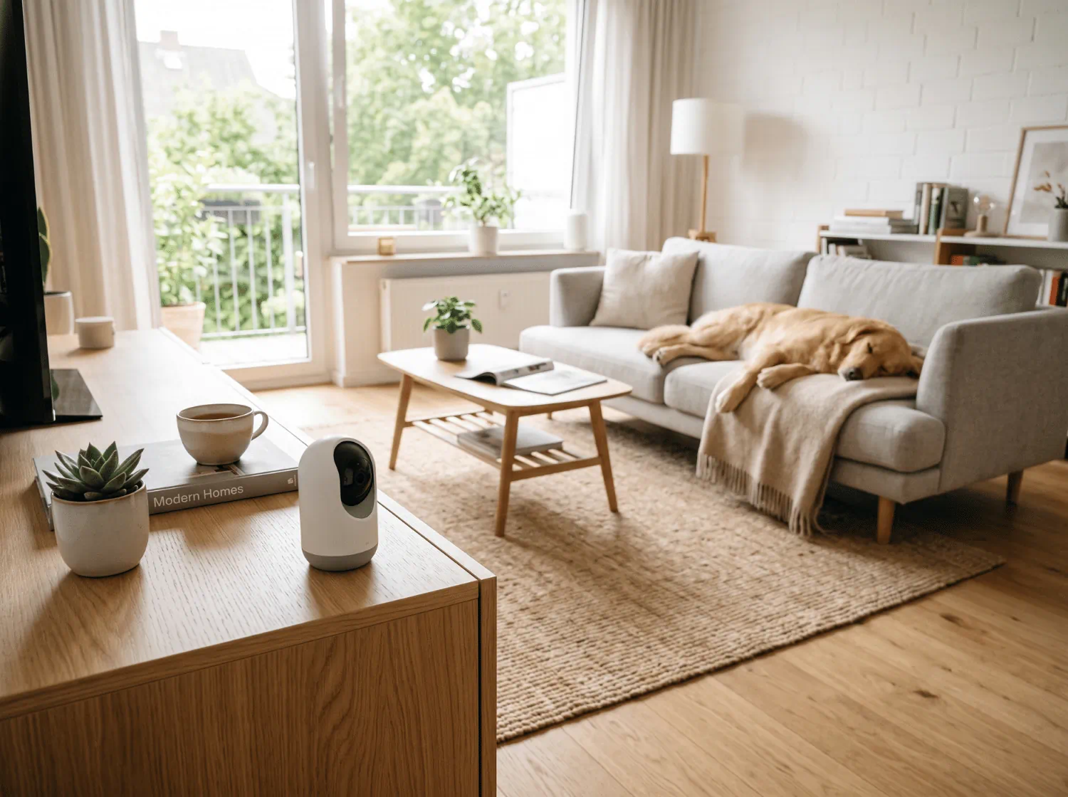 Smarte &Uuml;berwachungskamera in einem Wohnzimmer mit einem schlafenden Hund auf dem Sofa.
