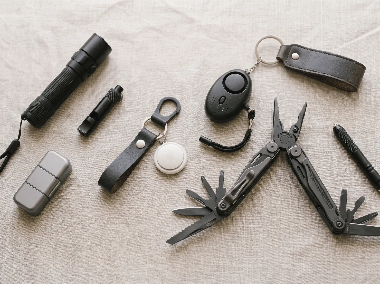 Sicherheitsgadgets mit Taschenlampe, Signalpfeife, Bluetooth-Tracker, Personenalarm und Multitool.