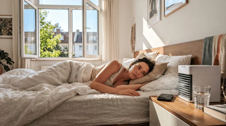 Mobile Klimaanlage mit geöffnetem Fenster und Fensterabdichtung in einem hellen Wohnraum.