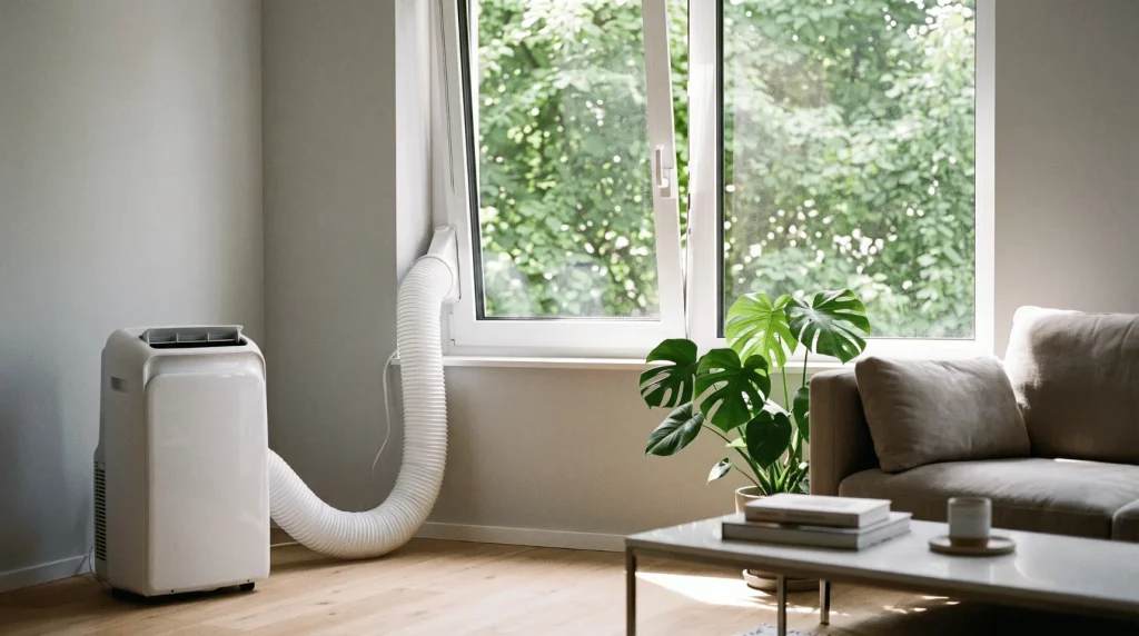 Mobile Klimaanlage mit Abluftschlauch vor einem Fenster im Wohnzimmer.