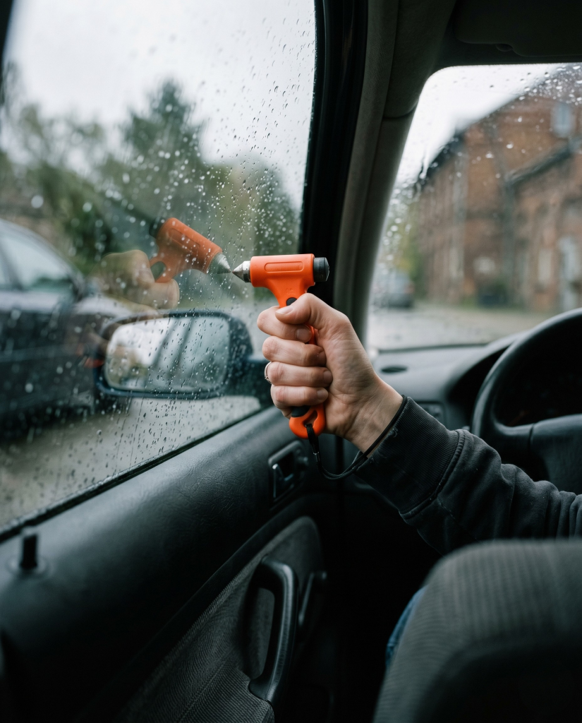 Hand h&auml;lt einen orangefarbenen Notfallhammer gegen eine verregnete Autoscheibe | Alltagssicherheit