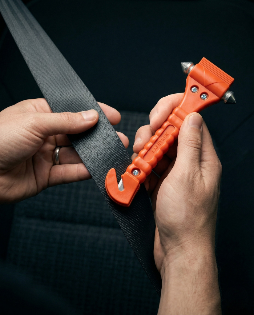Hand schneidet eingeklemmten Sicherheitsgurt mit dem Gurtschneider eines Notfallhammers | Alltagssicherheit