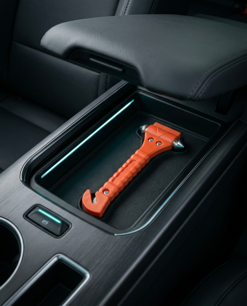 Notfallhammer griffbereit in der Mittelkonsole eines Autos verstaut | Alltagssicherheit