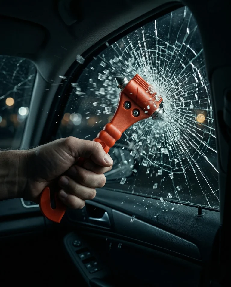 Notfallhammer schlägt Autoscheibe ein – Glasscherben fliegen | Alltagssicherheit
