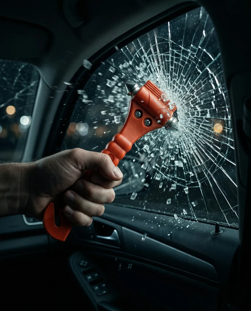 Notfallhammer schlägt Autoscheibe ein – Glasscherben fliegen | Alltagssicherheit