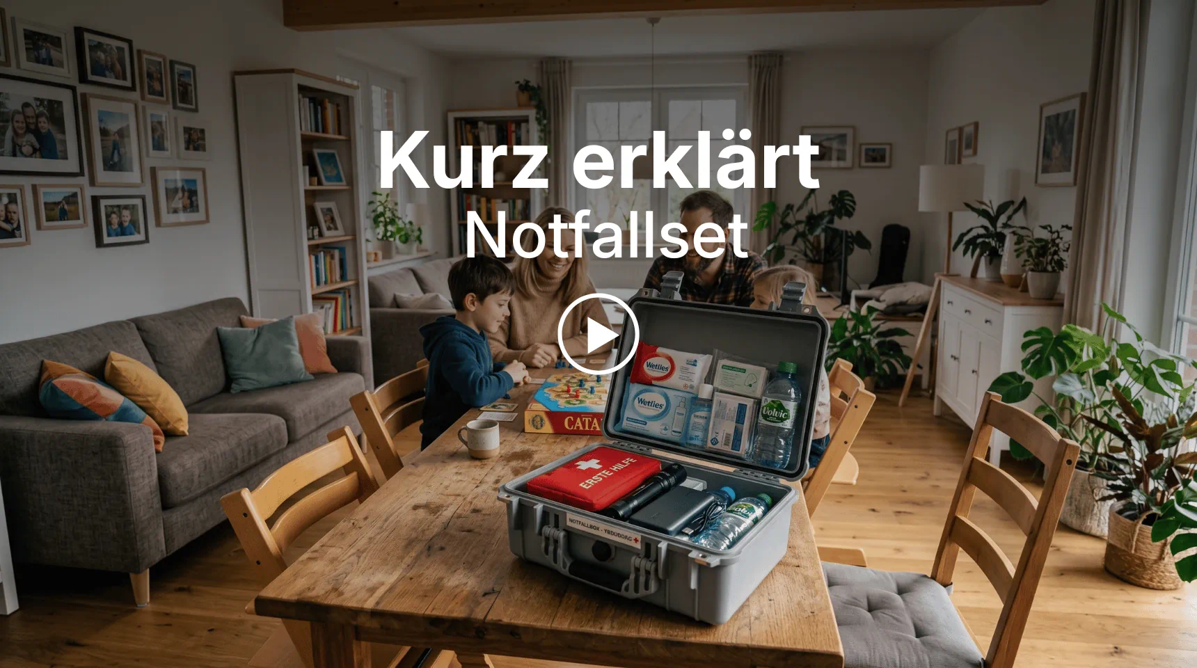 Beitragsbild der Rubrik Kurz erklärt zum Thema Notfallset für zu Hause mit einer Familie und einer geöffneten Notfallbox im Wohnzimmer | Alltagssicherheit