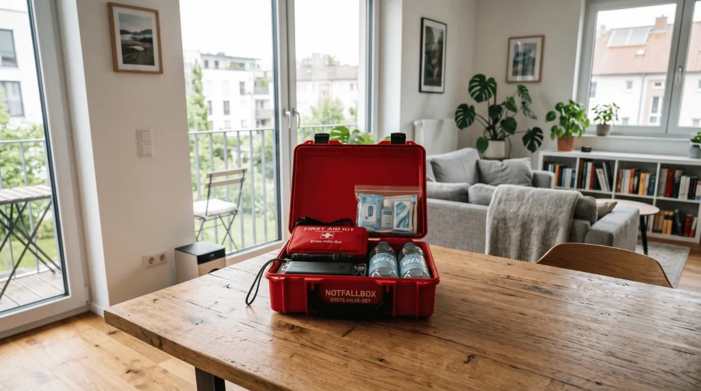 Ge&ouml;ffnete Notfallbox mit Erste-Hilfe-Set, Taschenlampe, Powerbank, Trinkwasser und Hygieneartikeln in einem modernen Wohnzimmer | Alltagssicherheit