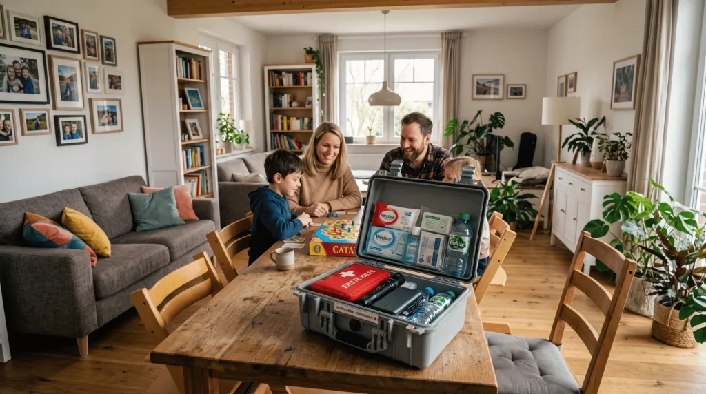 Beitragsbild des Ratgebers zum Thema Notfallset für zu Hause mit einer Familie und einer geöffneten Notfallbox im Wohnzimmer | Alltagssicherheit
