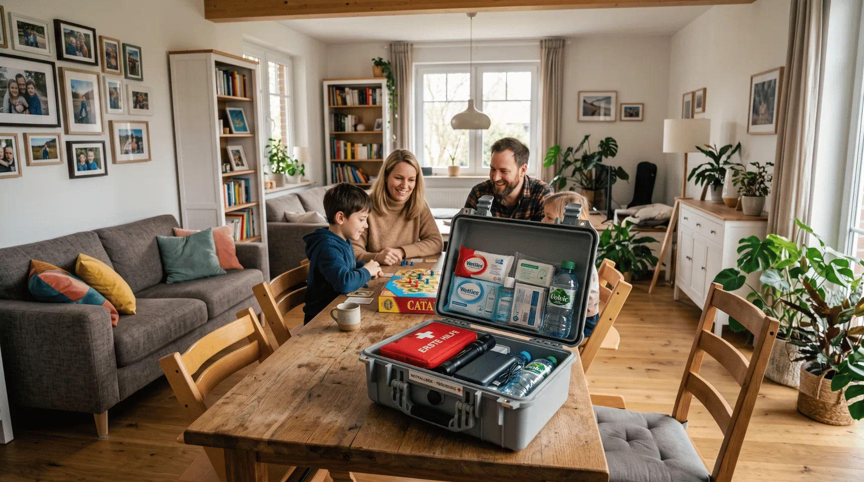 Beitragsbild des Ratgebers zum Thema Notfallset für zu Hause mit einer Familie und einer geöffneten Notfallbox im Wohnzimmer | Alltagssicherheit
