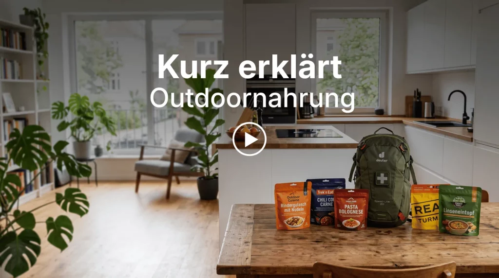 Vorschaubild der Videoreihe „Kurz erklärt“ zum Thema Outdoornahrung mit Notfallrucksack und gefriergetrockneten Mahlzeiten auf einem Küchentisch.