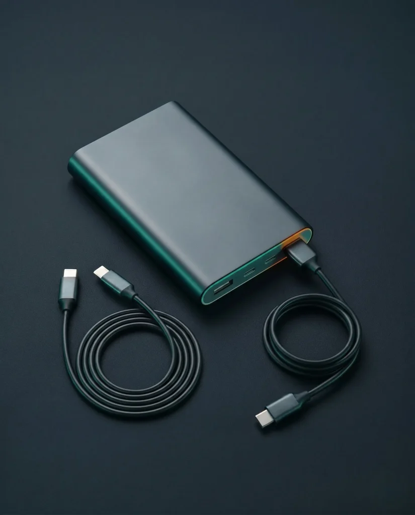 Dunkelblaue Powerbank mit zwei aufgerollten USB-C-Kabeln auf dunkelgrauem Hintergrund | Alltagssicherheit
